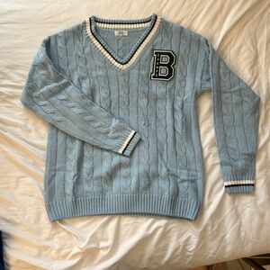 Blue Cable Knit Sweater with Letter Patch